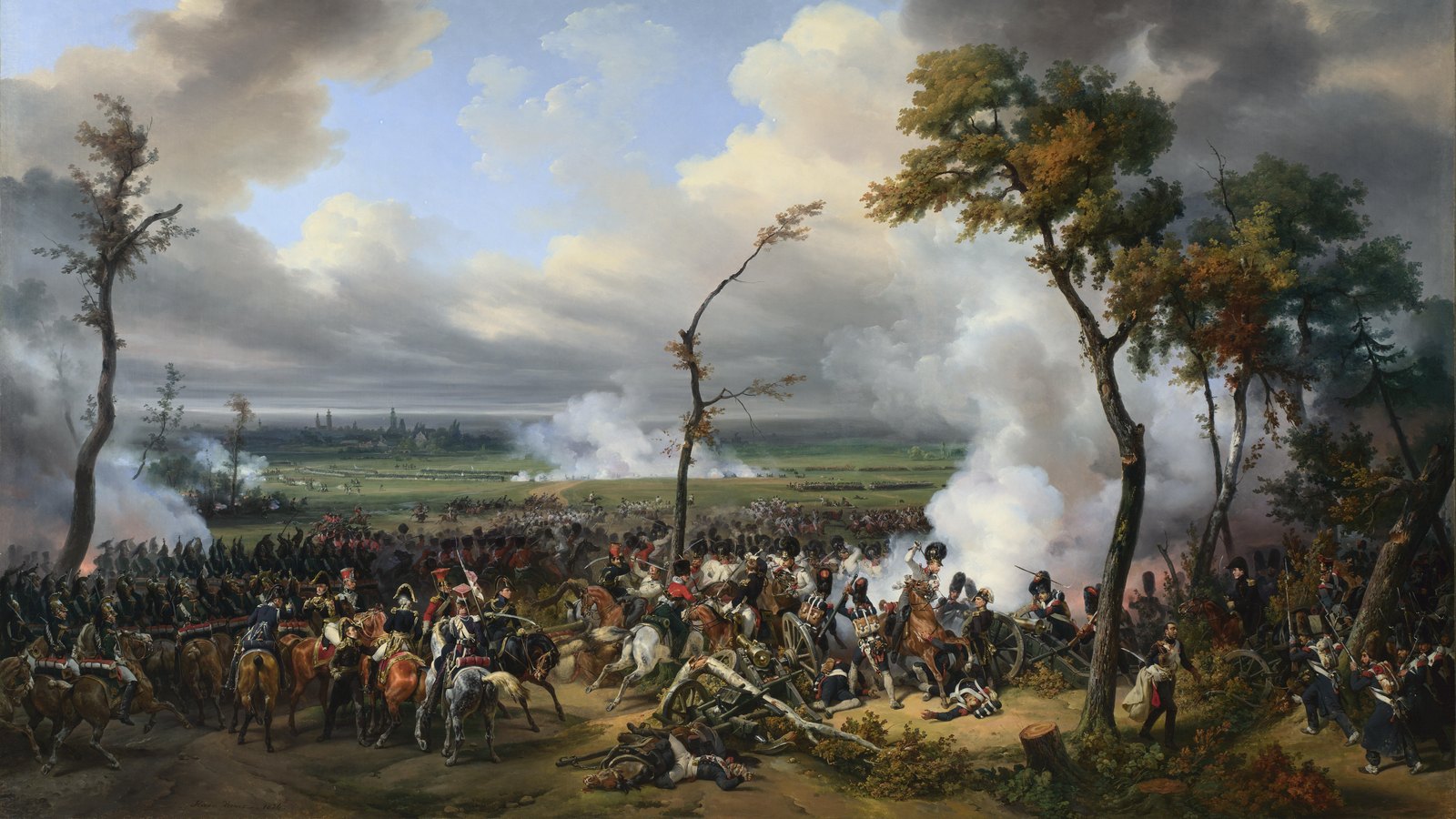 Painting of a battle at a forest edge: cavalry charging into a line of French cannon and grenadiers amid white gunsmoke, with the town of Hanau and a flat plain in the distance under storm clouds