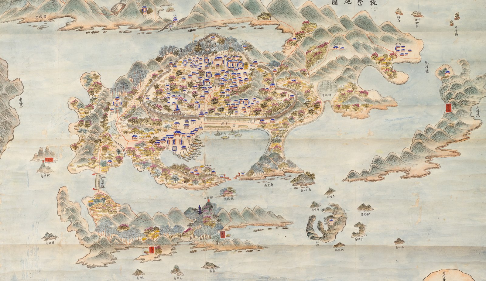 Hand-painted Korean map of 1872 showing the walled naval town of Tongyeong among green hills, the sea around it and a curving island with a hall to the lower right