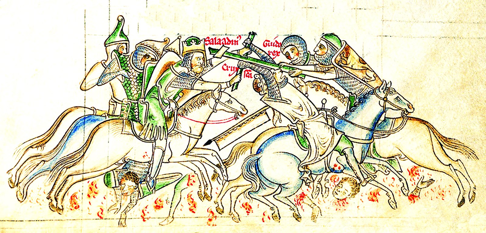 Medieval manuscript drawing of Saladin on horseback wrenching the True Cross from King Guy of Lusignan as the armies clash at Hattin