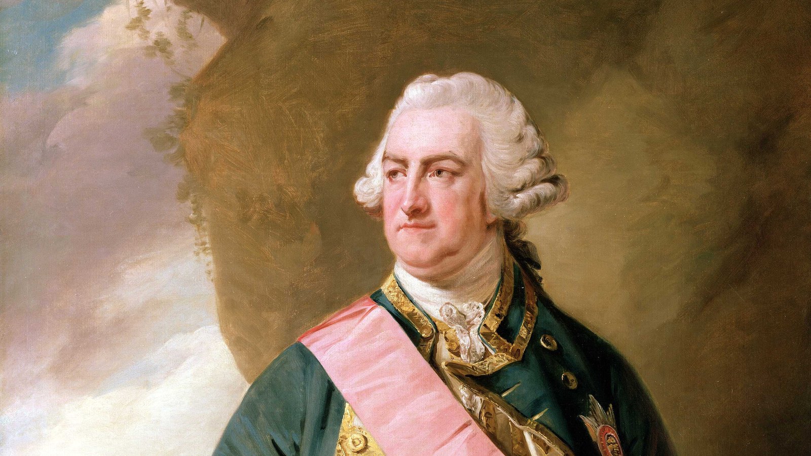Painted portrait of a heavy-set man in a powdered white wig, a dark green coat with gold braid, a broad pink sash across his chest and a jeweled star, against a cloudy sky and dark rocks