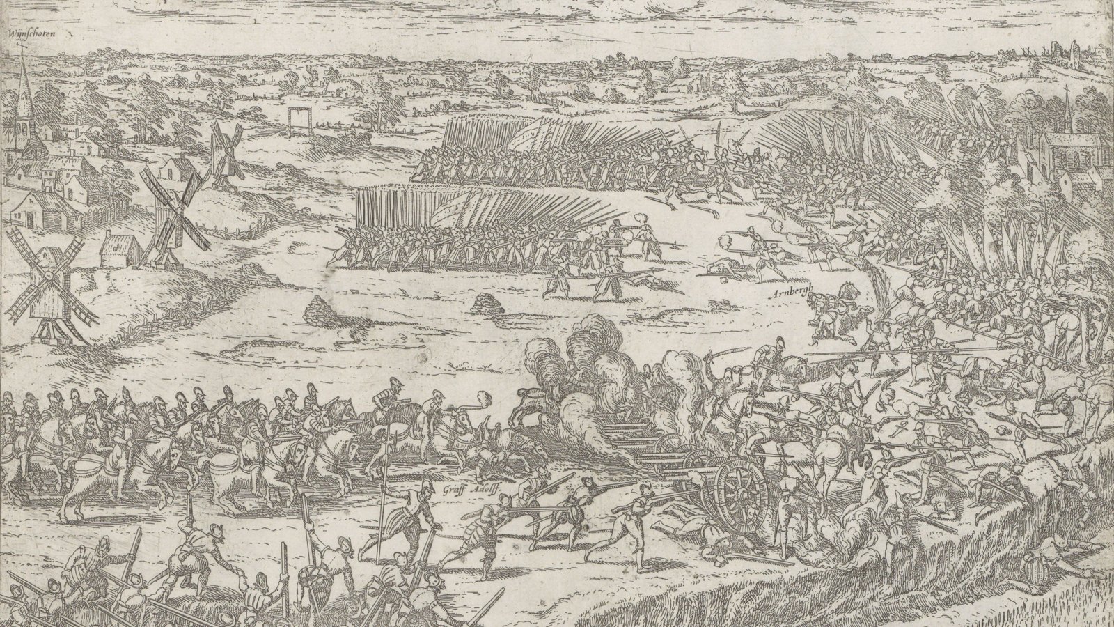 Sixteenth-century etching of a battle in flat country with windmills, squares of pikemen, cavalry charging and cannon firing beside a road.
