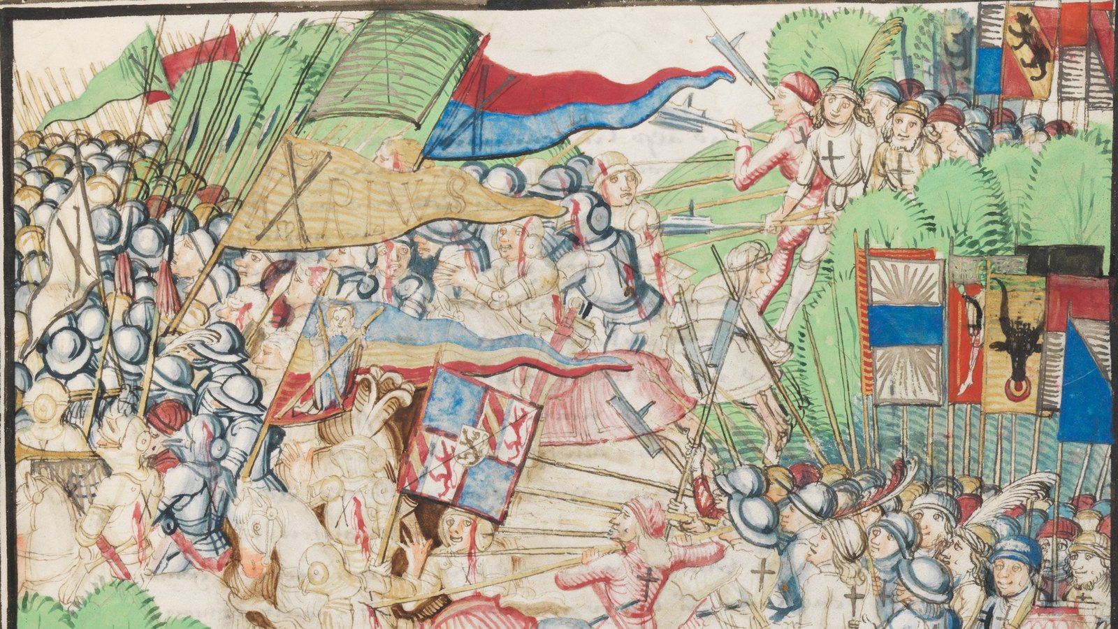Fifteenth-century chronicle illustration in bright colors: Swiss pikemen and halberdiers with white crosses and town banners attack Burgundian knights in armor under a striped Burgundian standard.