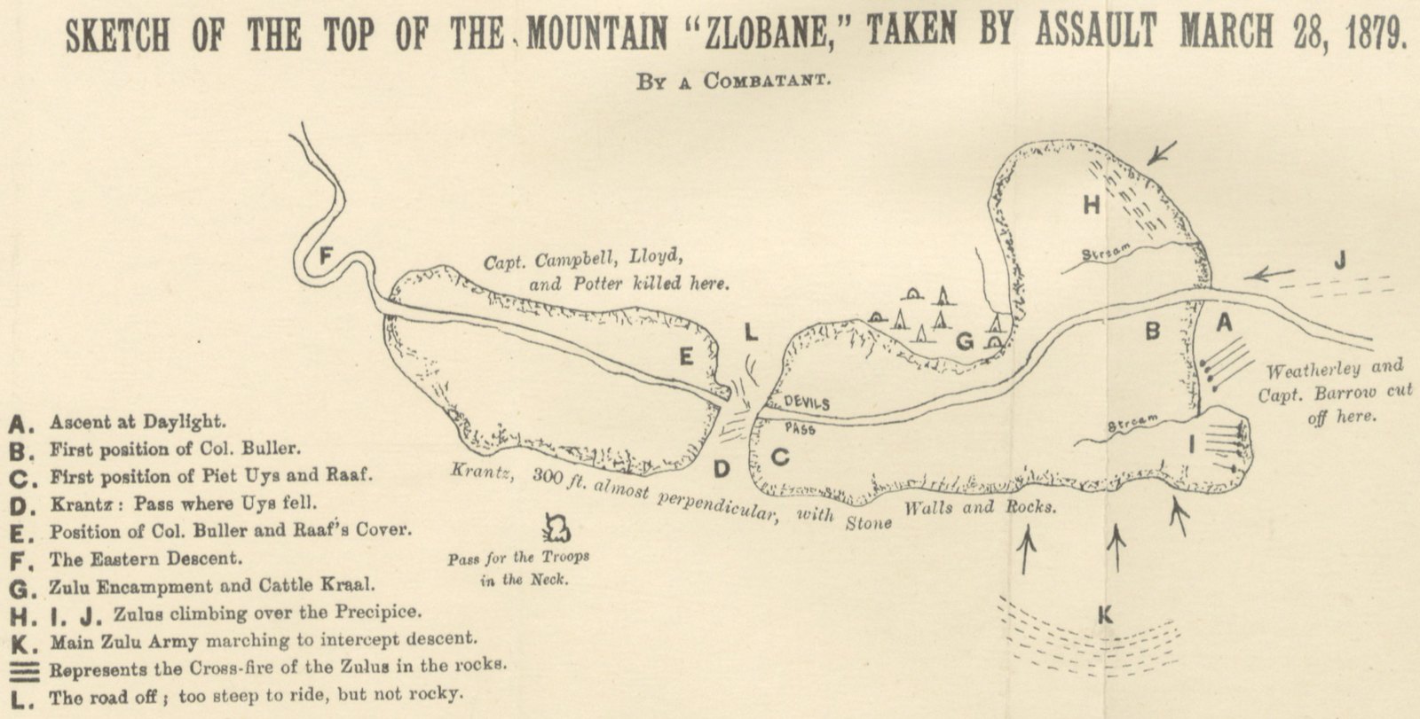 Nineteenth-century sketch map of the Hlobane mountain plateau, with lettered positions, Devil's Pass between two heights, Zulu camps and arrows showing the main Zulu army approaching from below.