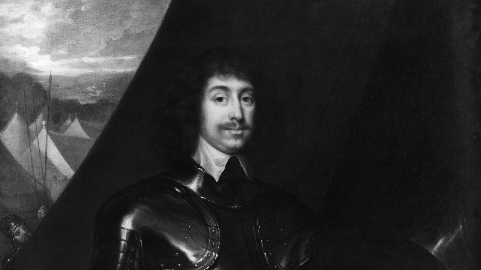 Black and white reproduction of a seventeenth-century portrait of the Earl of Northampton in full dark armor, with a camp of white tents and pikes visible on the left.