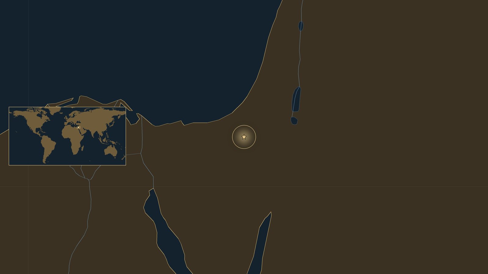 Dark locator map of the eastern Mediterranean coast with a gold star in the desert where the Negev meets the Sinai peninsula, and a small world map inset.