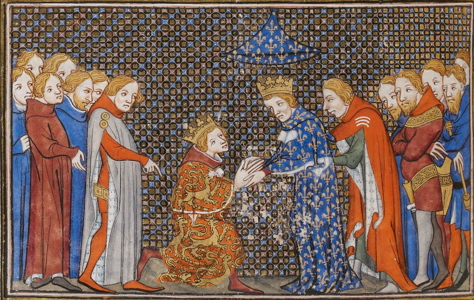 Średniowieczna miniatura: młody Edward III w czerwonej szacie ze złotymi lampartami klęczy z dłońmi w dłoniach koronowanego Filipa VI w niebieskiej szacie ze złotymi liliami, między dwiema grupami dworzan.