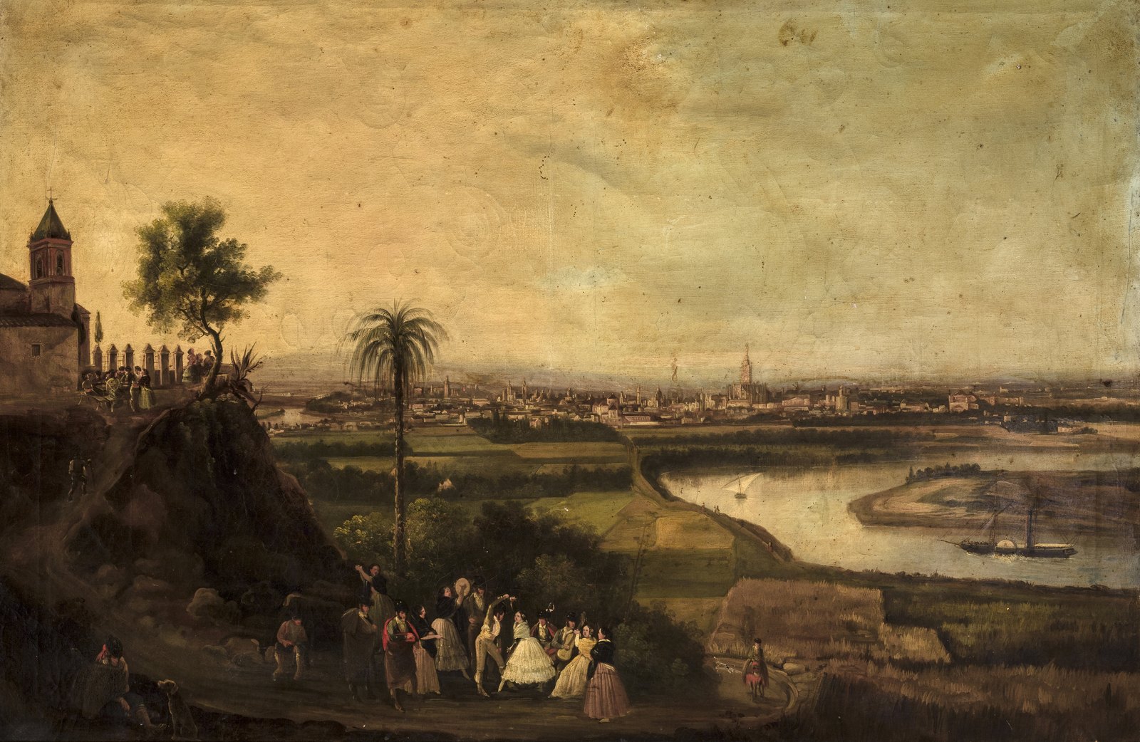 Nineteenth-century oil painting of a wide river valley seen from a hill at sunset: a white church tower and a group of people dancing on the hillside at left, a palm tree, green fields, a broad river with a sailing boat and a paddle steamer at right, and a distant city with a tall cathedral tower on the horizon