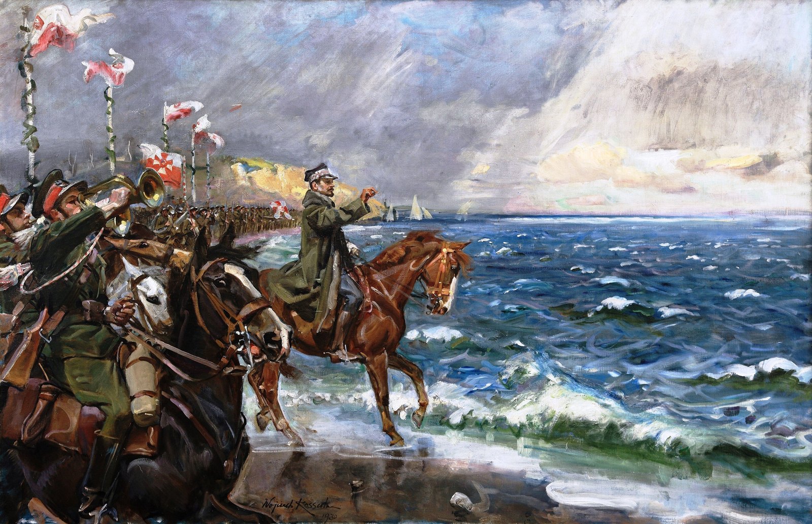 Oil painting of a stormy blue sea breaking on a beach: an officer in a greatcoat and peaked cap rides a chestnut horse into the surf with one hand raised, while mounted buglers sound their horns and a long column of soldiers with red and white flags stretches along the shore behind him.