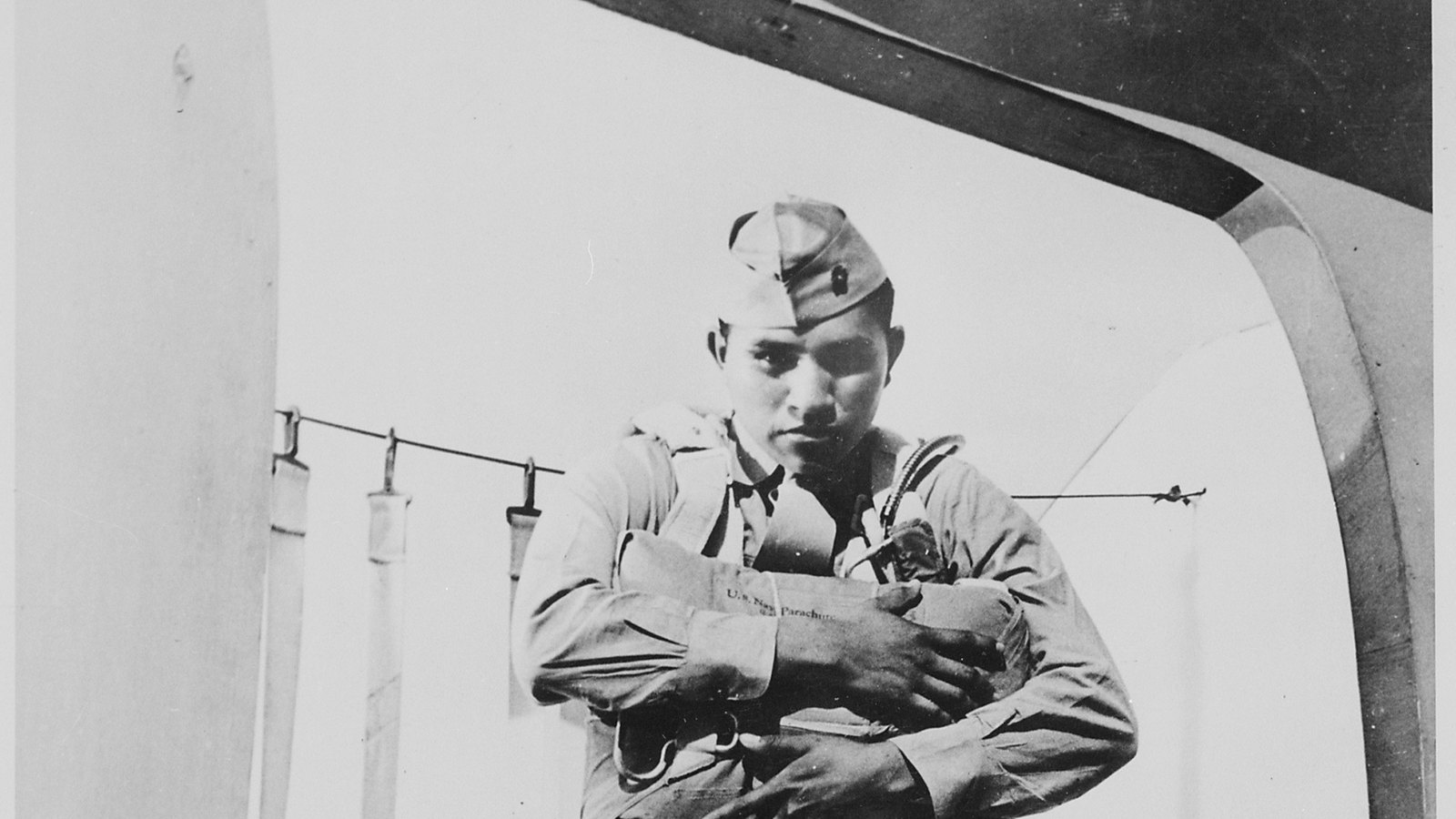 Ira Hayes, aged 19, ready to jump at the Marine Corps parachute school, Camp Gillespie