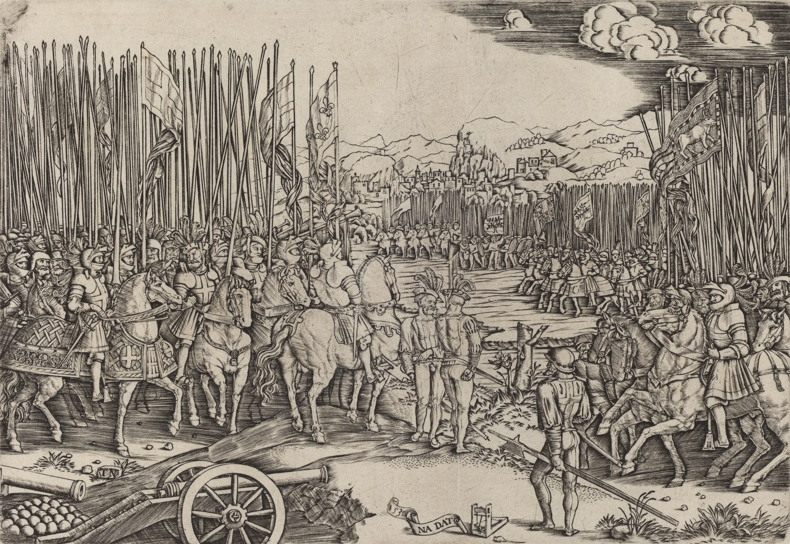 Black and white Renaissance engraving of two armies facing each other before a battle: armored knights on caparisoned horses and tall blocks of pikemen under fleur-de-lis banners on the left, a second army with pikes and banners on the right, a cannon in the foreground and a walled hill town in the distance.