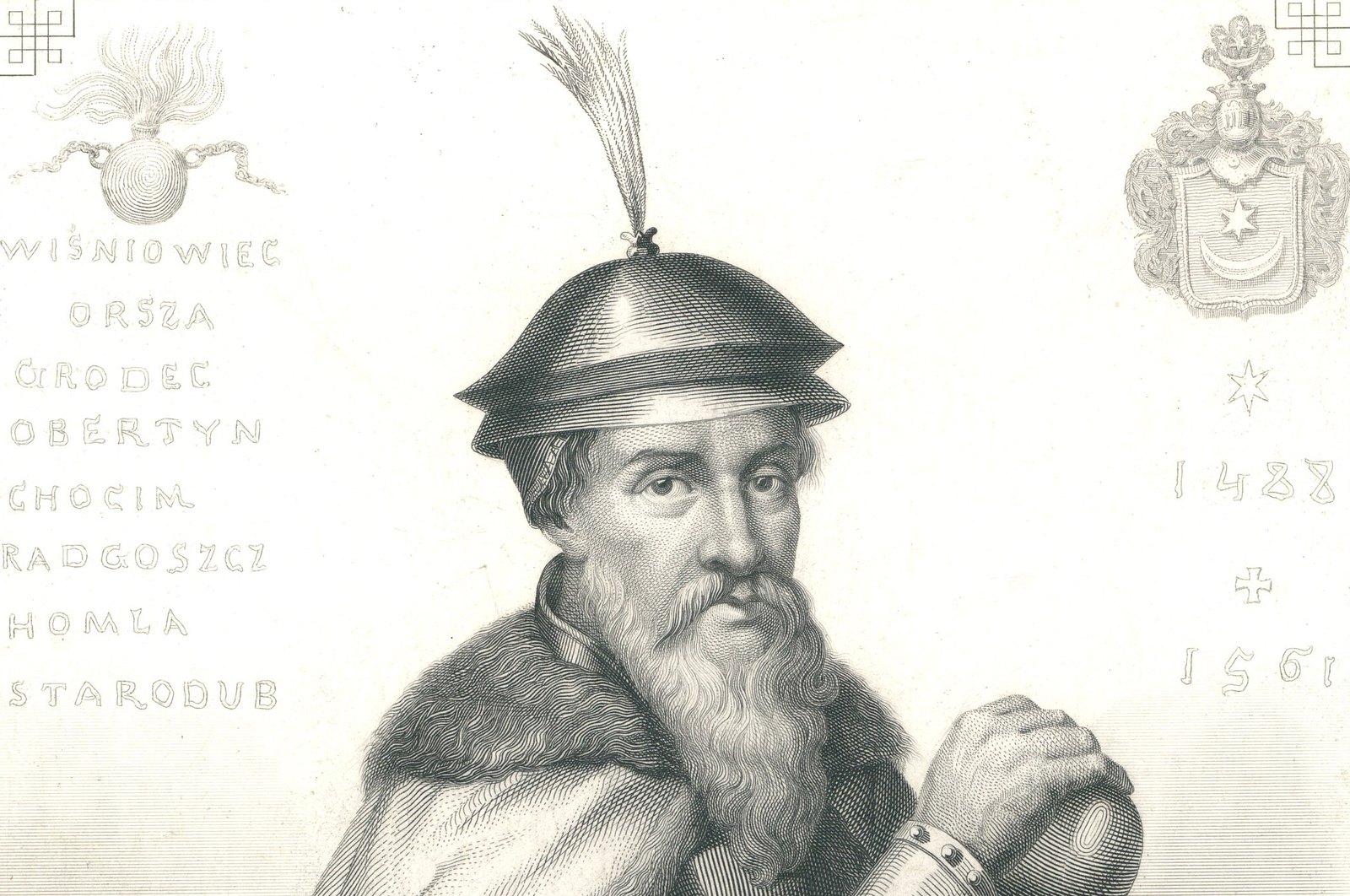 19th century engraved portrait of Hetman Jan Tarnowski in a helmet, with his victories, among them Orsha and Obertyn, lettered beside him