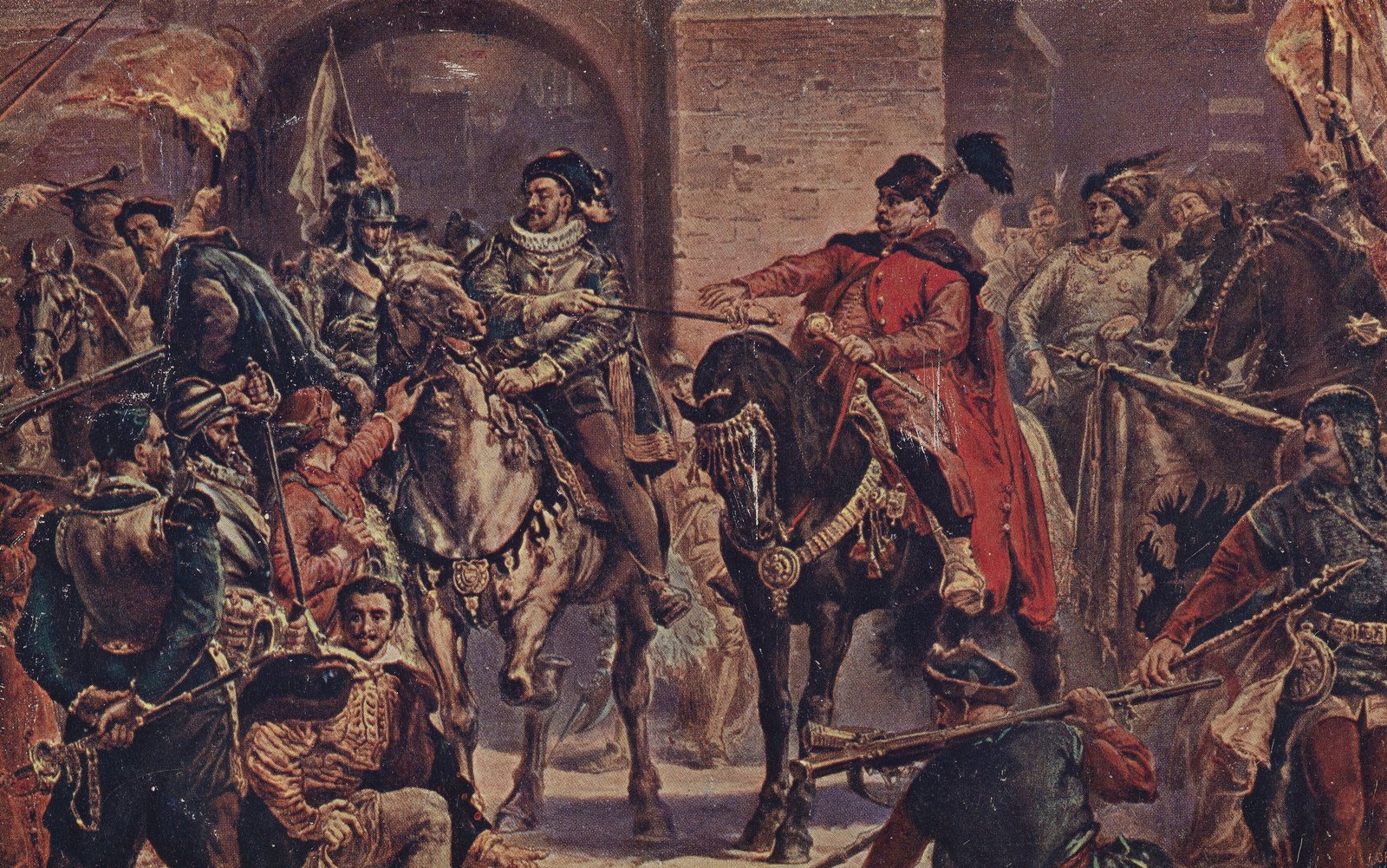 Jan Matejko's painting of Jan Zamoyski in a red coat on horseback receiving the surrender of Archduke Maximilian after the Battle of Byczyna, 1588
