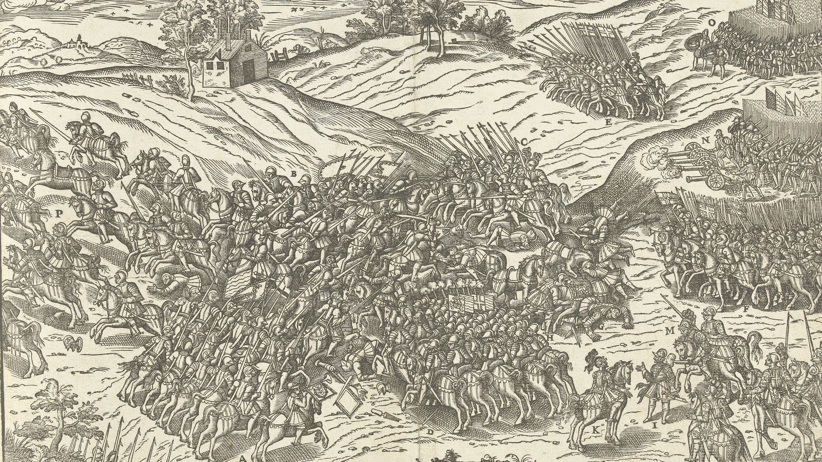 Sixteenth-century woodcut of a crowded cavalry battle on a hillside, armored horsemen with lances colliding in the center, infantry with pikes and guns at the edges and lettered labels marking the units.