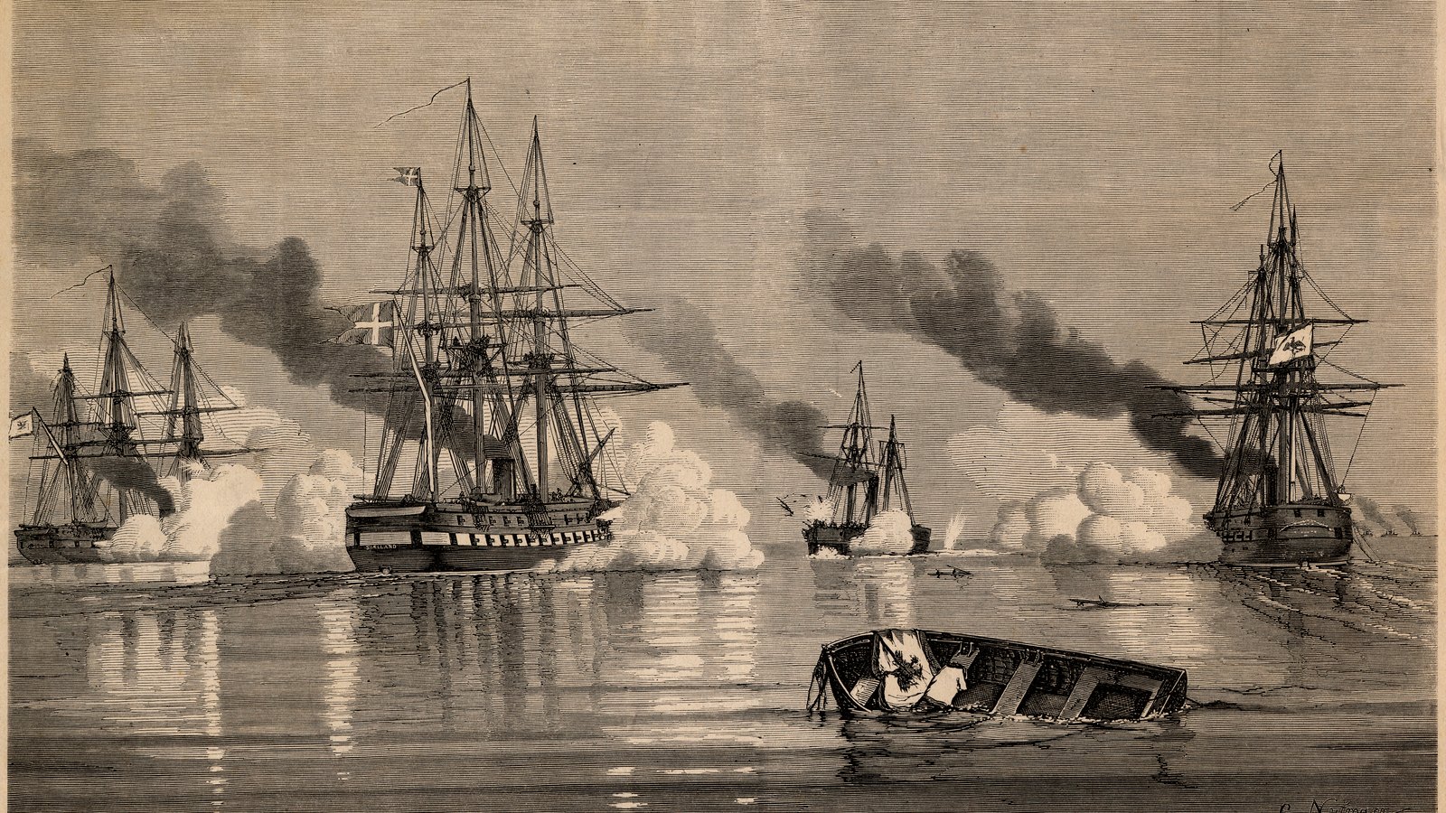Nineteenth-century wood engraving of a naval battle on a calm sea: a Danish three-masted frigate flying the Danish flag fires on Prussian sailing steamships amid white gunsmoke and dark funnel smoke, with a wrecked boat in the foreground.