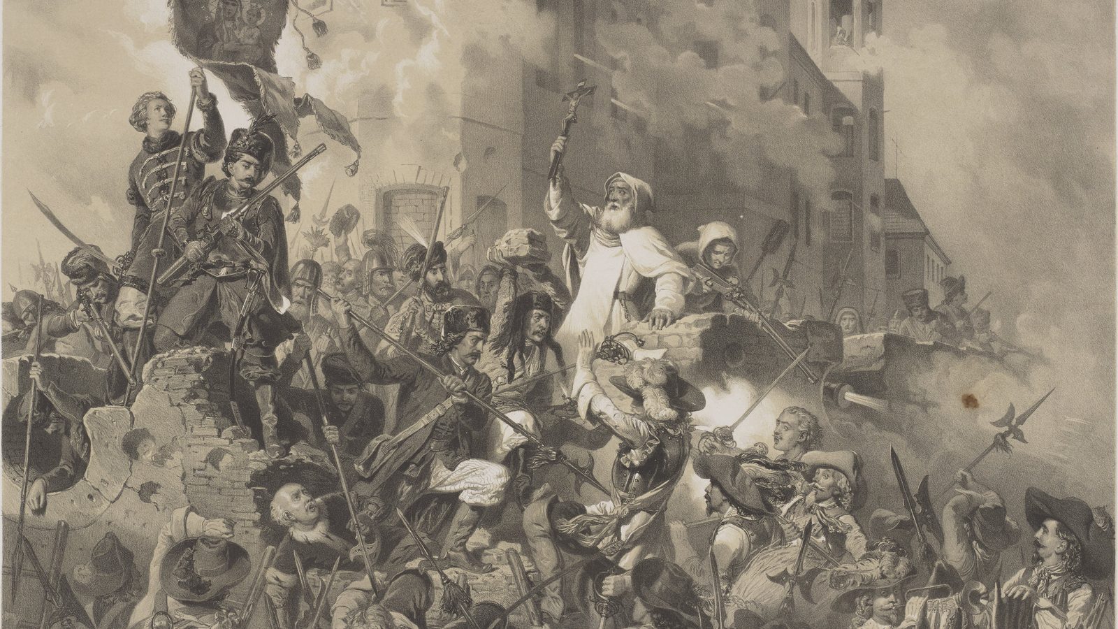 Obrona Częstochowy w 1655 roku, litografia z około 1854 roku