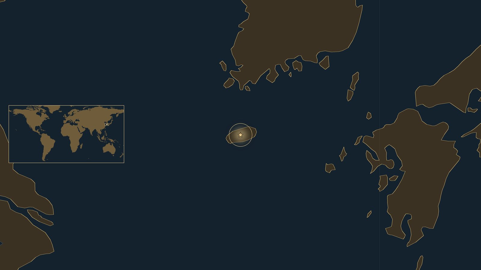 Dark locator map of the Korea Strait with the southern tip of the Korean peninsula to the north, Kyushu to the east and a gold star on Jeju Island, with a small world map inset.