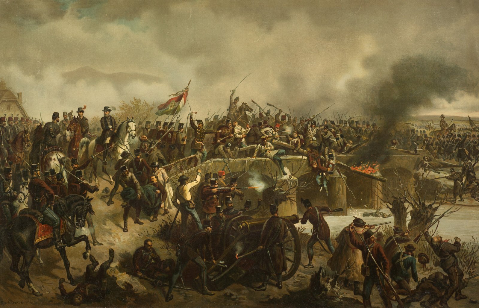 Theodor Breitwieser's colour print of the Battle of Piski, February 1849: Hungarian troops under Bem storm the burning bridge over the Strei river while a cannon fires in the foreground