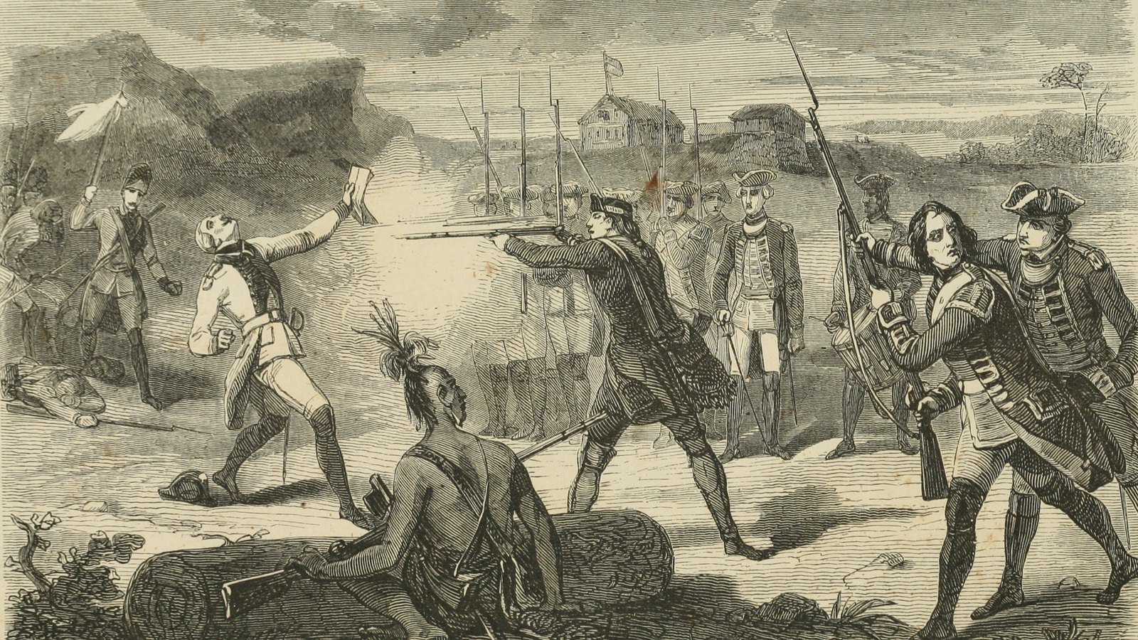 Nineteenth-century French engraving showing British soldiers in tricorn hats firing on a French officer who raises a paper, with a Native warrior seated on a log in the foreground.