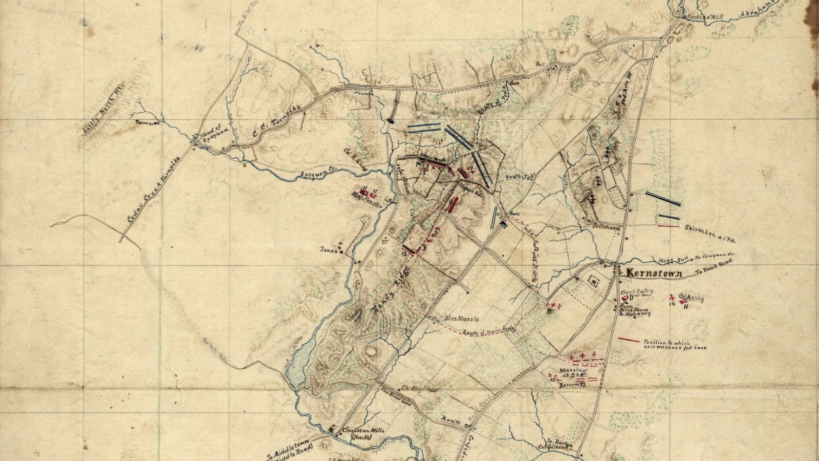 Hand-drawn 1862 map of the Kernstown battlefield south of Winchester, showing roads, streams, wooded ridges and red and blue bars for Confederate and Union troop positions.