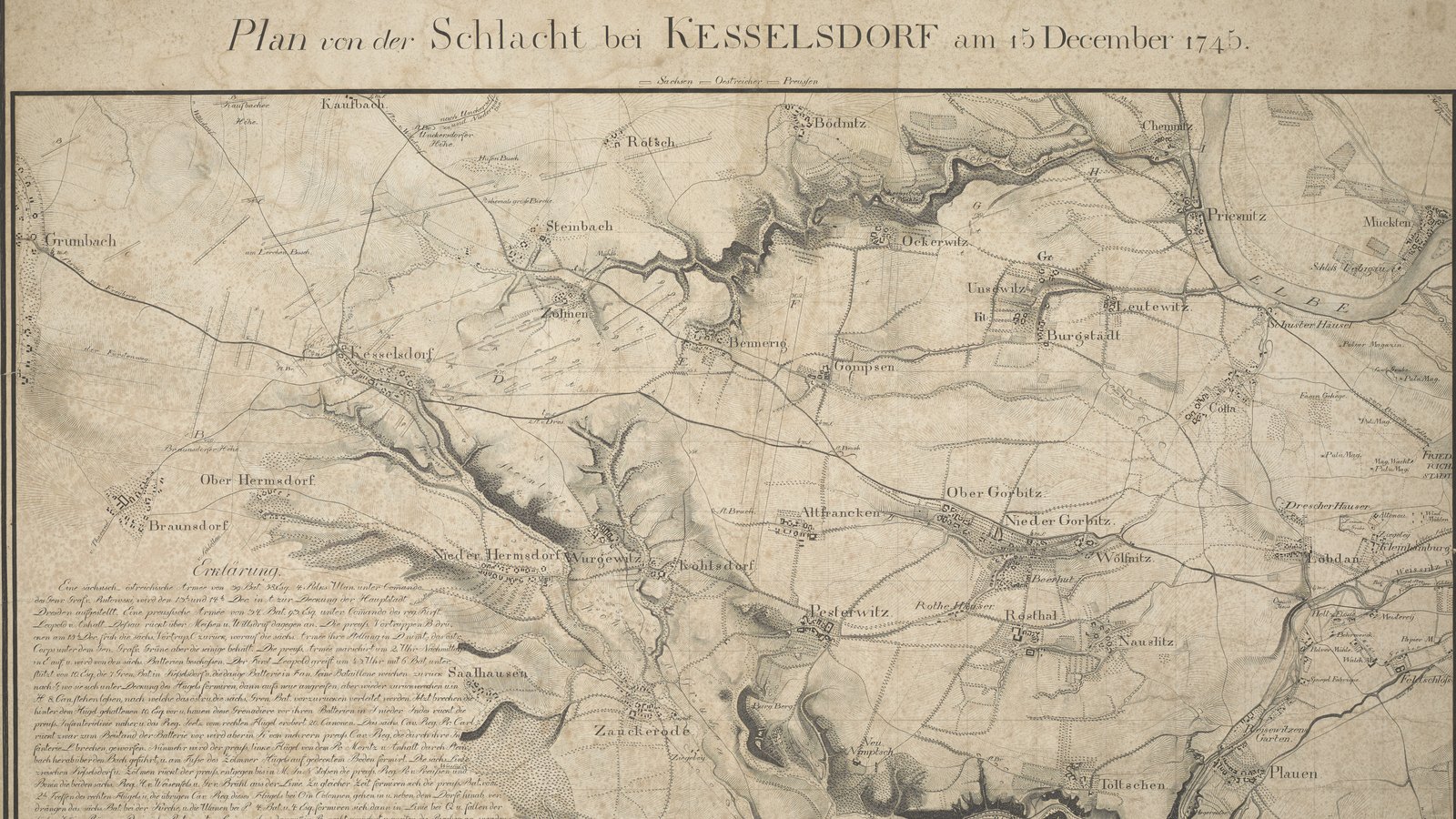 Engraved eighteenth-century style map of the country west of Dresden: villages, roads, wooded ravines and the curving river Elbe, with the title Plan von der Schlacht bei Kesselsdorf am 15 December 1745 across the top.
