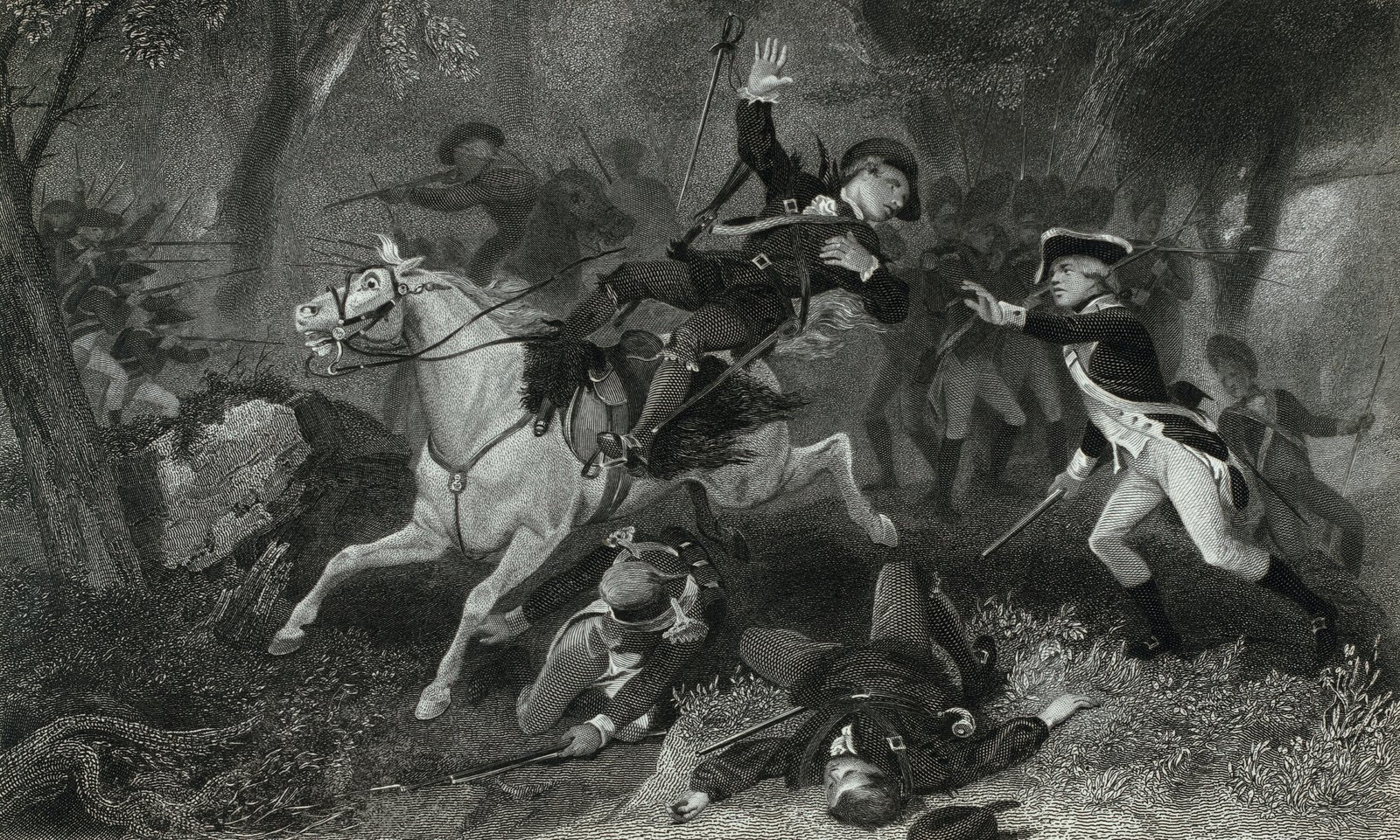 Engraving after Alonzo Chappel: Major Patrick Ferguson falls from his white horse as Patriot riflemen close in at Kings Mountain