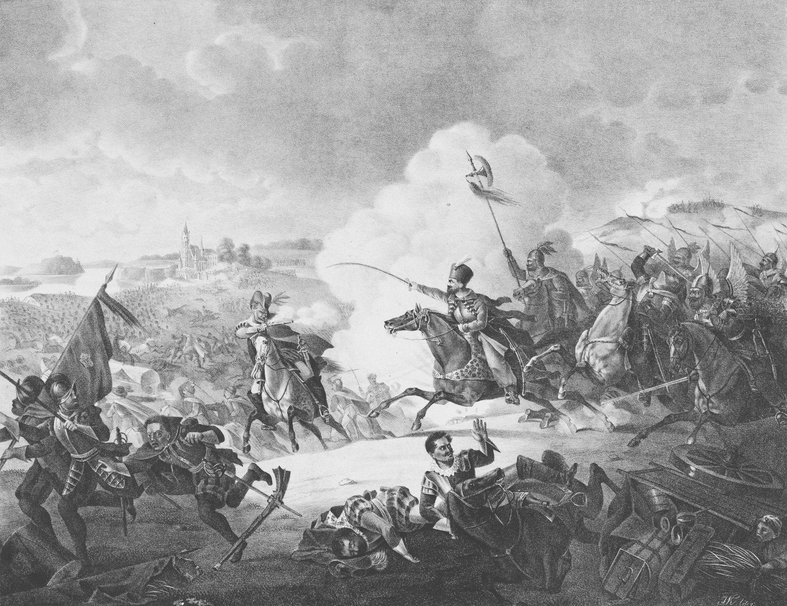 Jan Karol Chodkiewicz commanding the winged hussars at the Battle of Kircholm, 1605