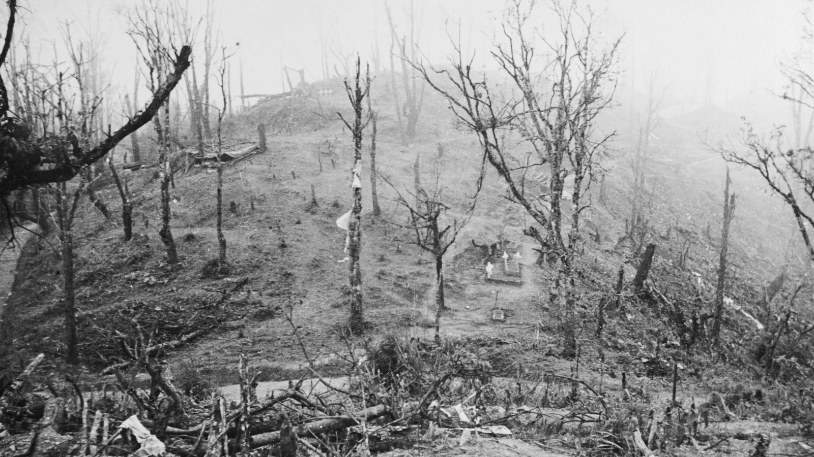 Garrison Hill at Kohima in 1944, stripped of trees by the fighting