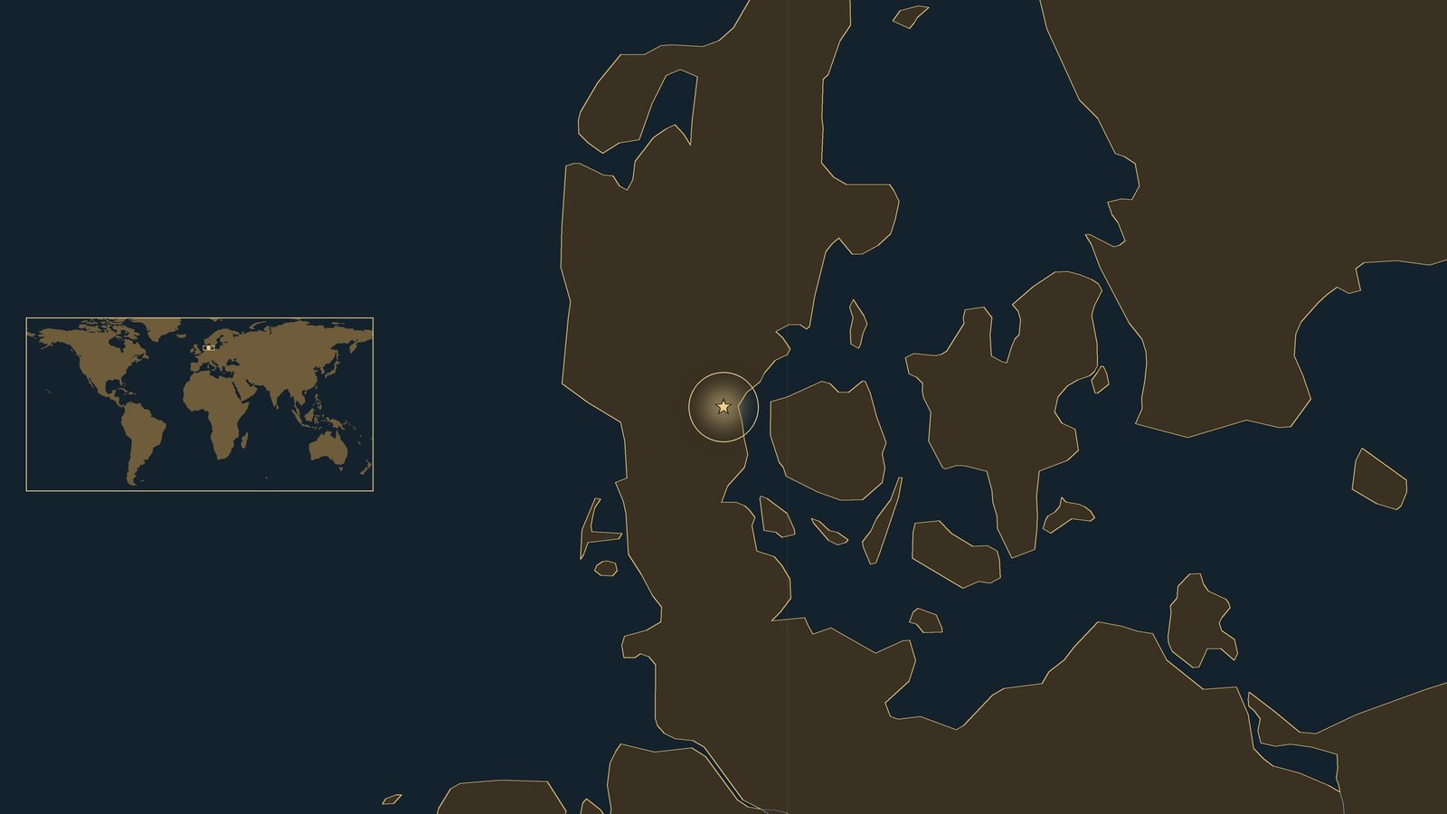 Dark locator map of Denmark and the western Baltic with a gold star at Kolding on the east coast of Jutland, and a small world map inset.