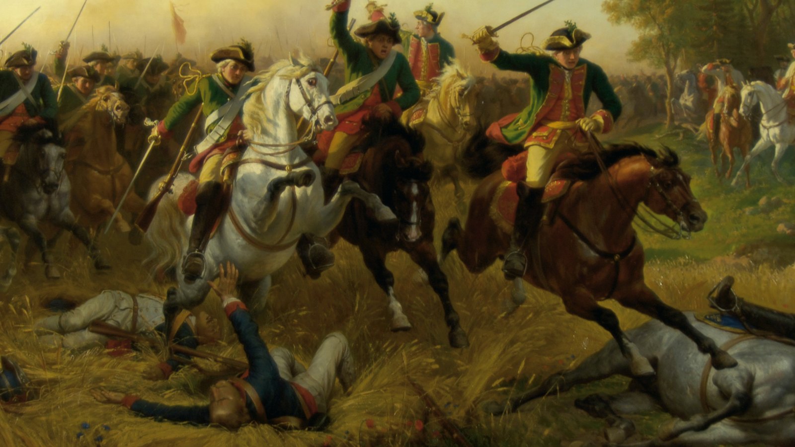 Painting of Austrian dragoons in green coats charging through a wheat field with raised swords, fallen Prussian soldiers in blue coats in the foreground.