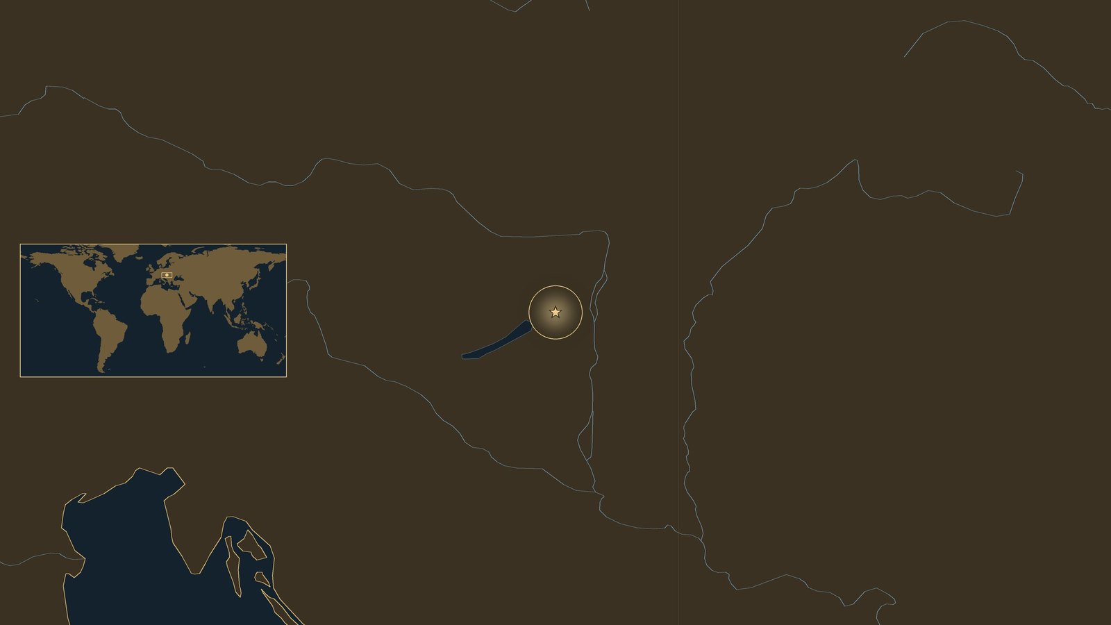 Dark locator map of central Europe showing a gold star in western Hungary between Lake Balaton and Budapest, with the Danube and a world inset.
