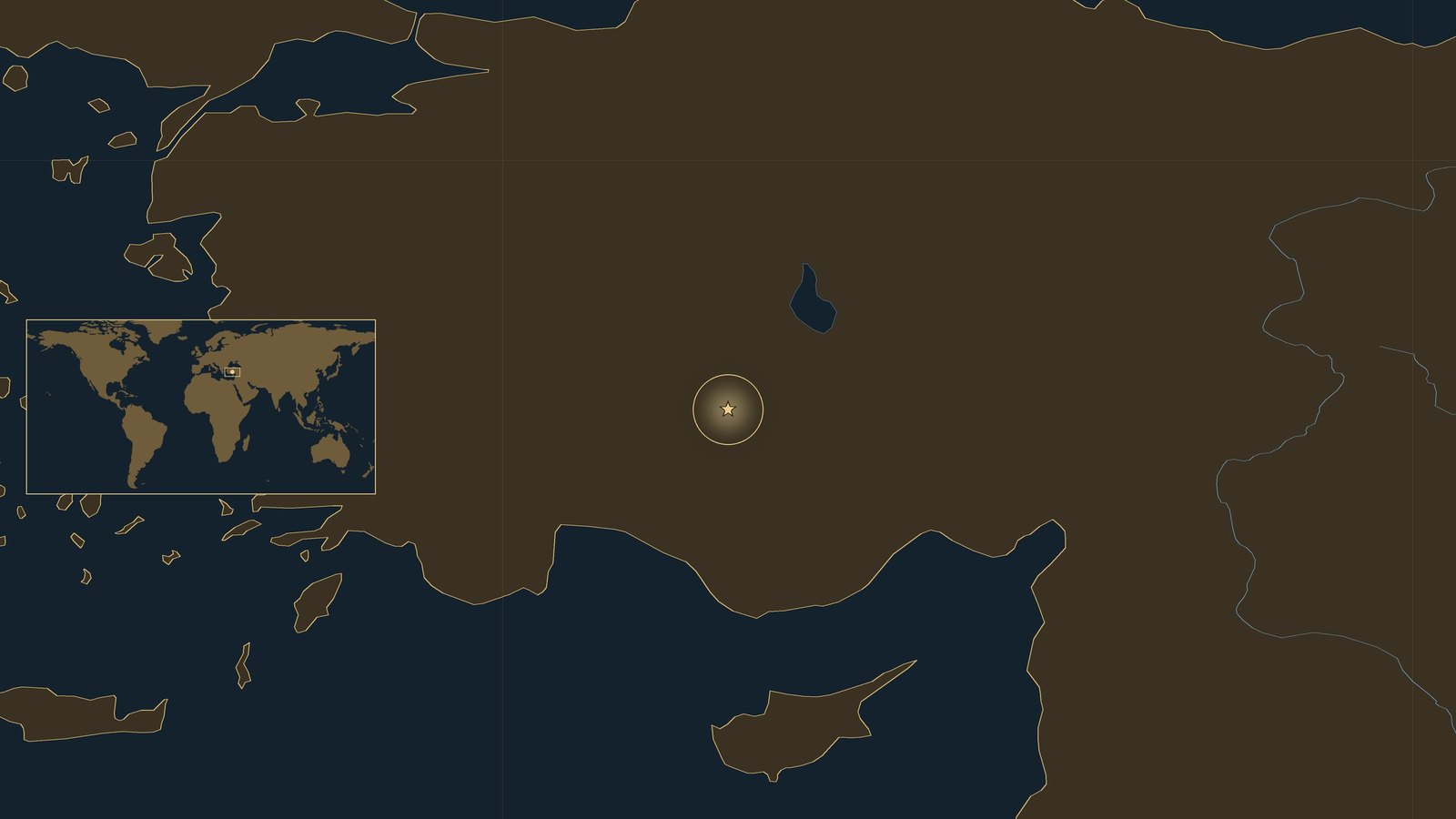 Dark locator map of Anatolia and the eastern Mediterranean, with a gold star at Konya in central Turkey, Cyprus to the south and a world inset.