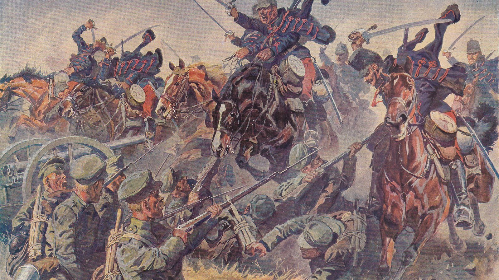 Painting of the Battle of Kraśnik: Hungarian hussars in blue jackets and fur caps charge with raised sabers into Russian infantry in khaki who meet them with bayonets beside a field gun.