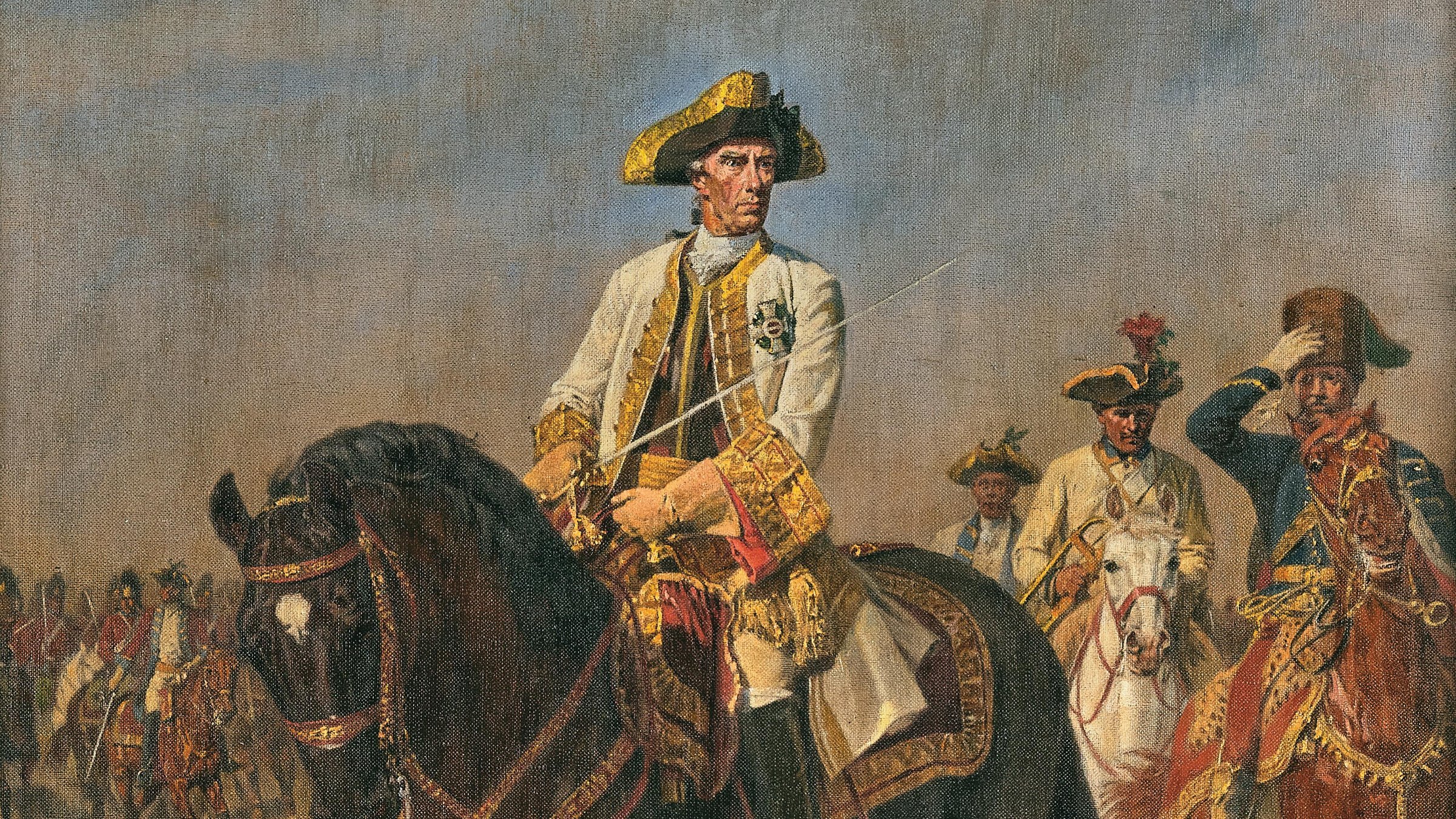 Oil painting of an Austrian general in a gold-trimmed white coat and a black and gold tricorne, riding a dark horse with a drawn saber in his hand, with mounted officers and a hussar behind him and lines of horsemen in the distance