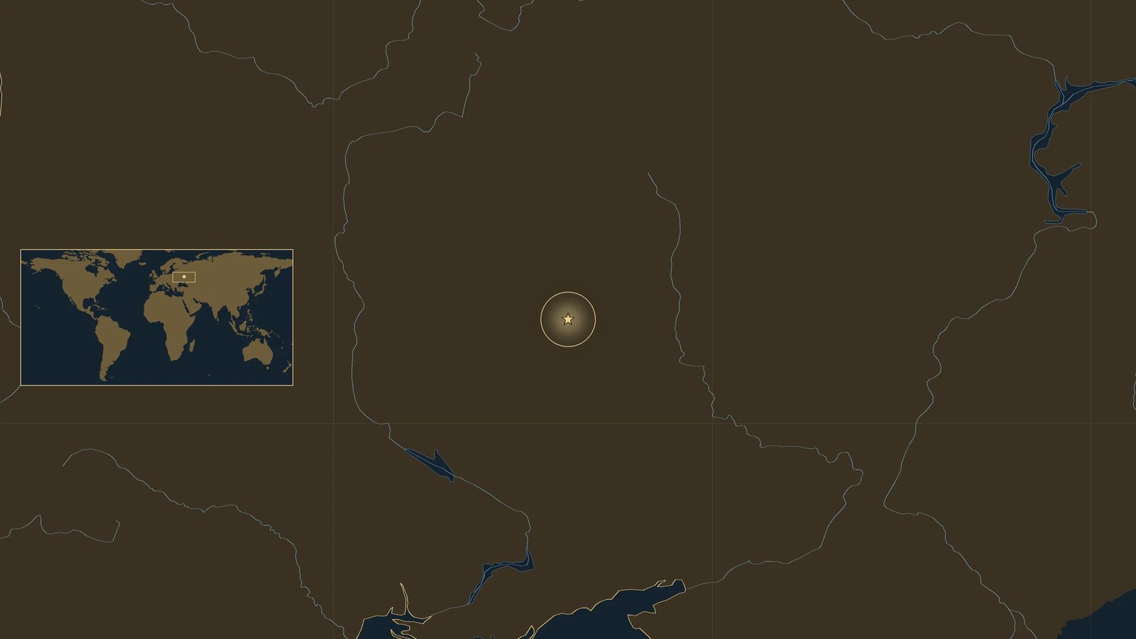 Dark locator map of western Russia and eastern Ukraine with the Dnieper and Don rivers, the Sea of Azov at the bottom and a gold star at Kursk, with a small world map inset.