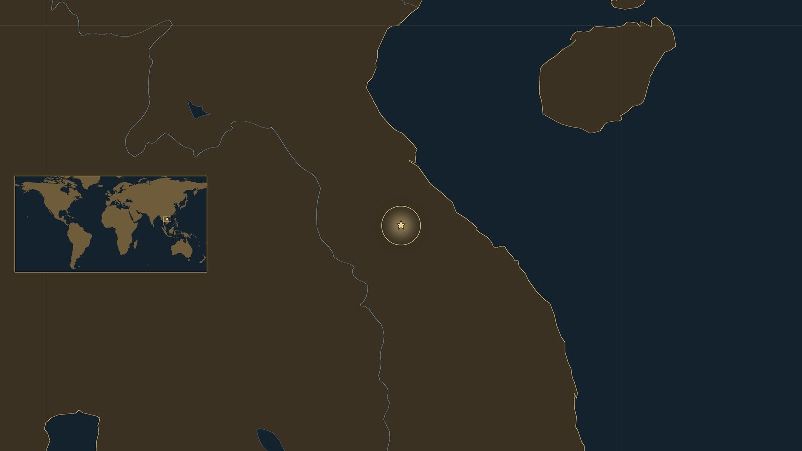 Dark locator map of mainland Southeast Asia and the South China Sea with a gold star in southern Laos near the Vietnamese border, and a small world map inset.