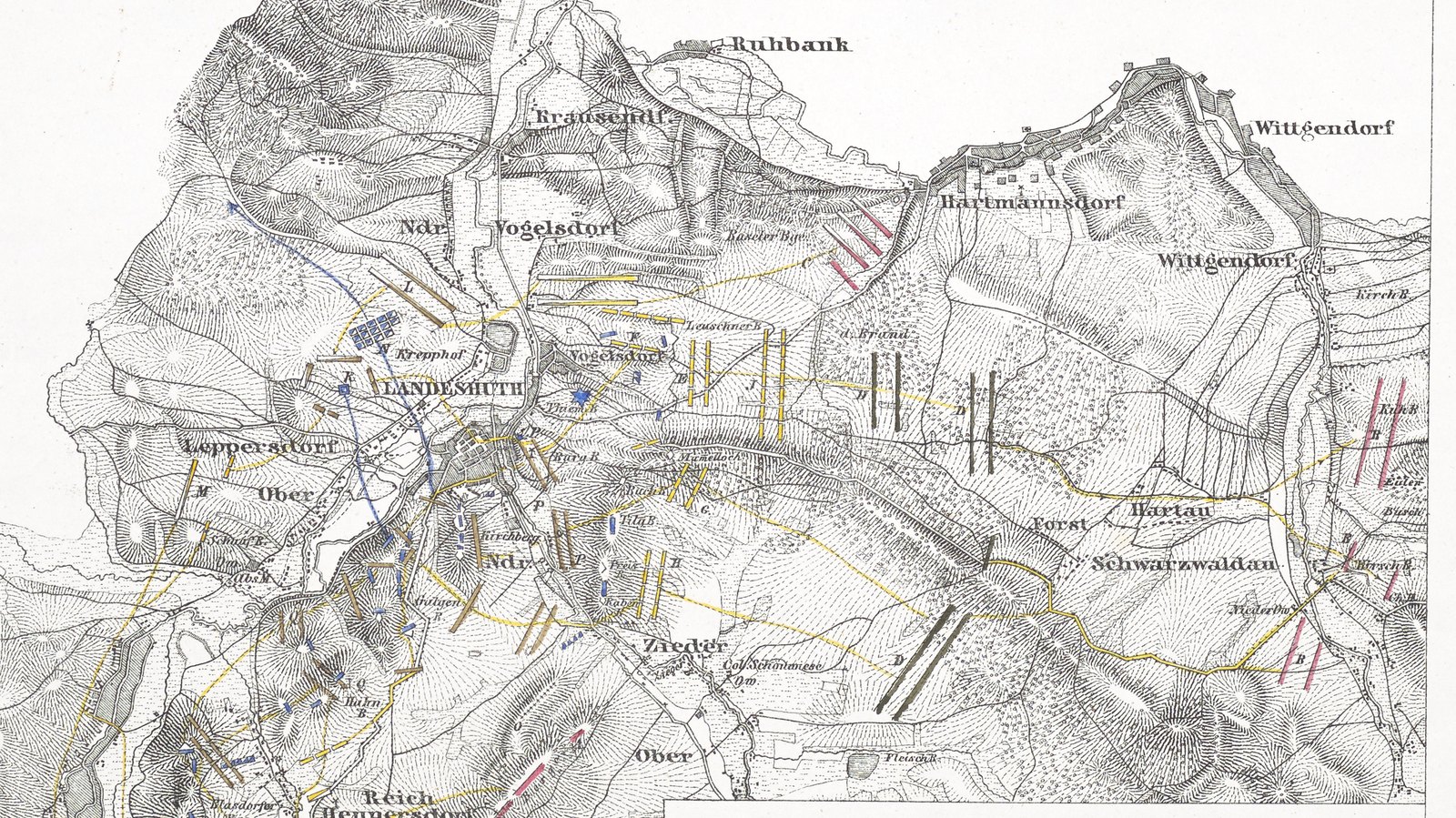 Hand-colored nineteenth-century map of the 1760 battle around Landeshut, with hatched hills, the river Bober, villages and the positions of Austrian and Prussian units.