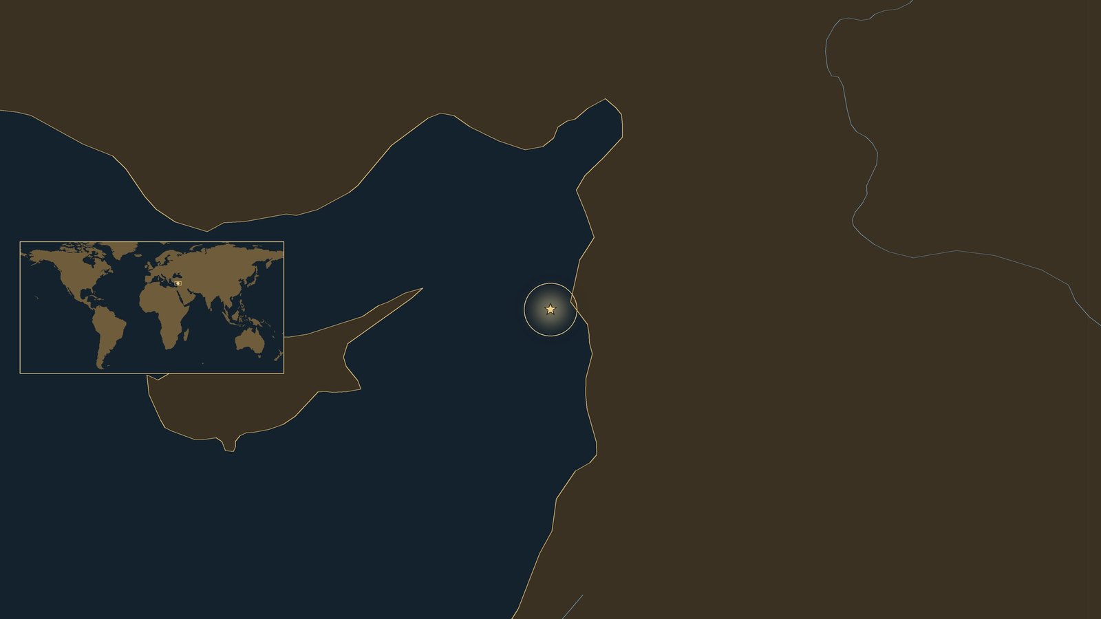 Dark locator map of the eastern Mediterranean showing Cyprus on the left and the Syrian and Turkish coasts on the right, with a gold star just off the coast at Latakia and a small world map in a box.