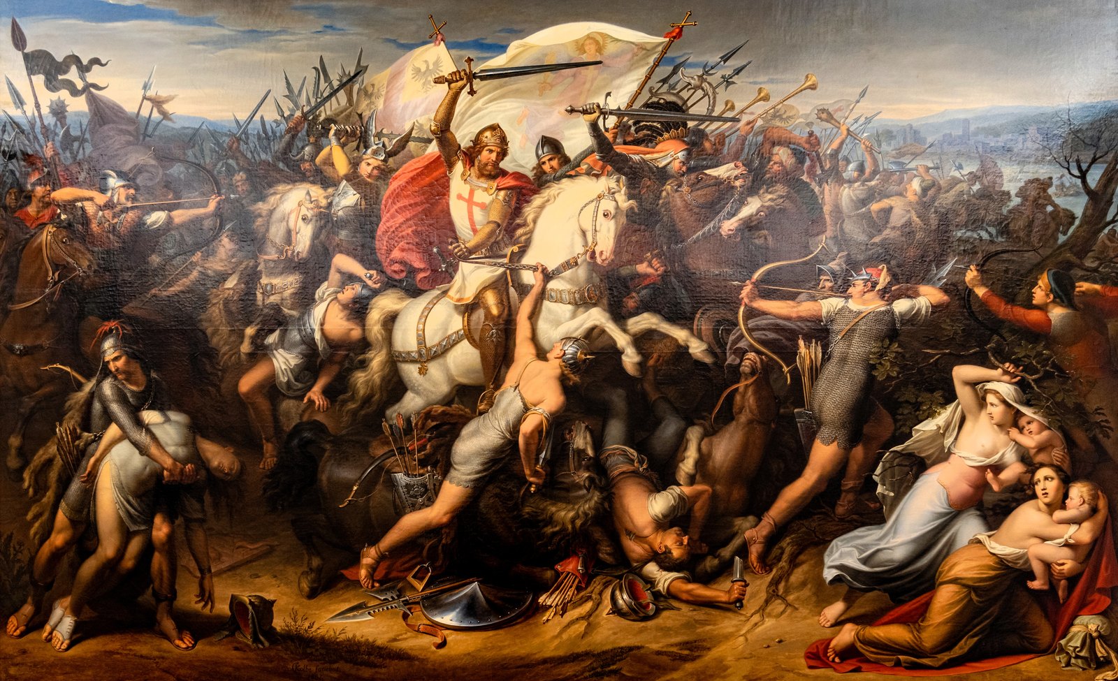 Romantic oil painting of a crowned king in armor and a white surcoat with a red cross, sword raised, charging on a rearing white horse through a crowd of horse archers and fallen warriors, with a winged-angel banner above him and terrified women and children in the right foreground