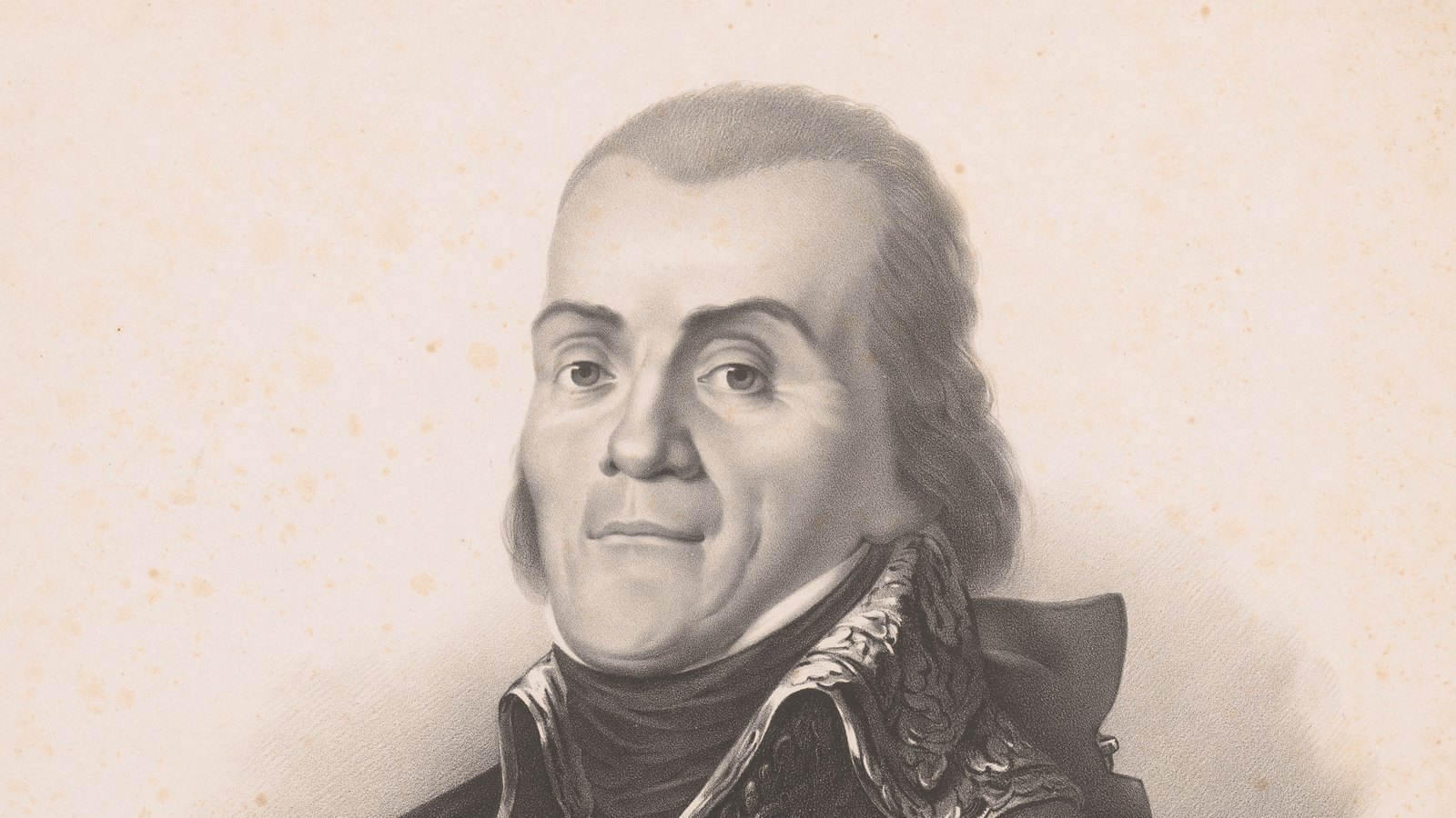 Lithograph portrait of a stout middle-aged general with long swept-back hair and a high embroidered collar, looking at the viewer with a faint smile