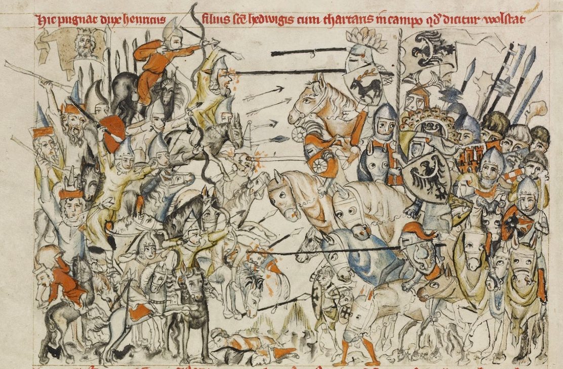 Mongol horse archers overwhelming European knights at Legnica in 1241