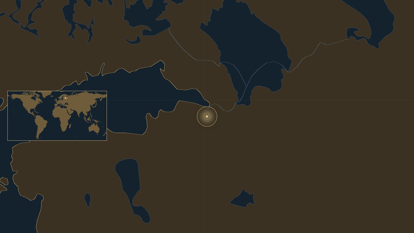 Dark locator map of the eastern Baltic with the Gulf of Finland, Lake Ladoga, Lake Ilmen and Lake Peipus, and a gold star just west of Leningrad, with a small world map inset.