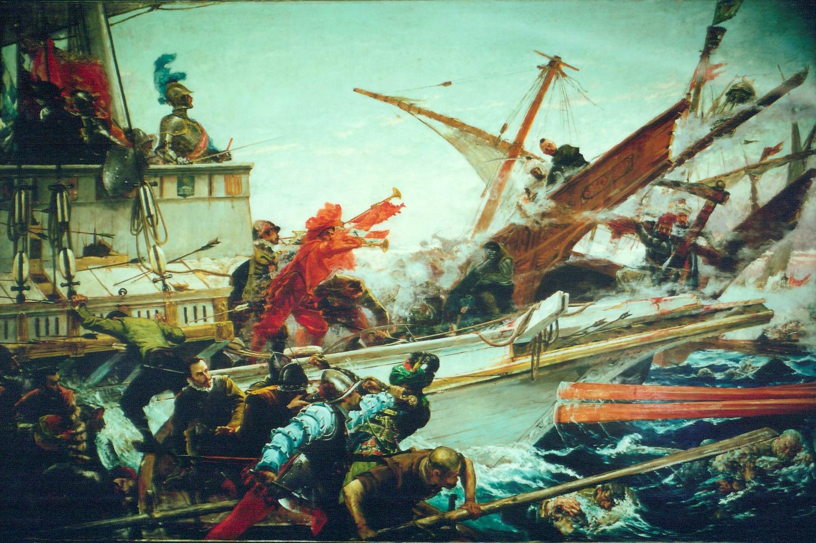 Don Juan de Austria i galery Ligi Świętej szturmujące flotę osmańską w bitwie pod Lepanto, 1571