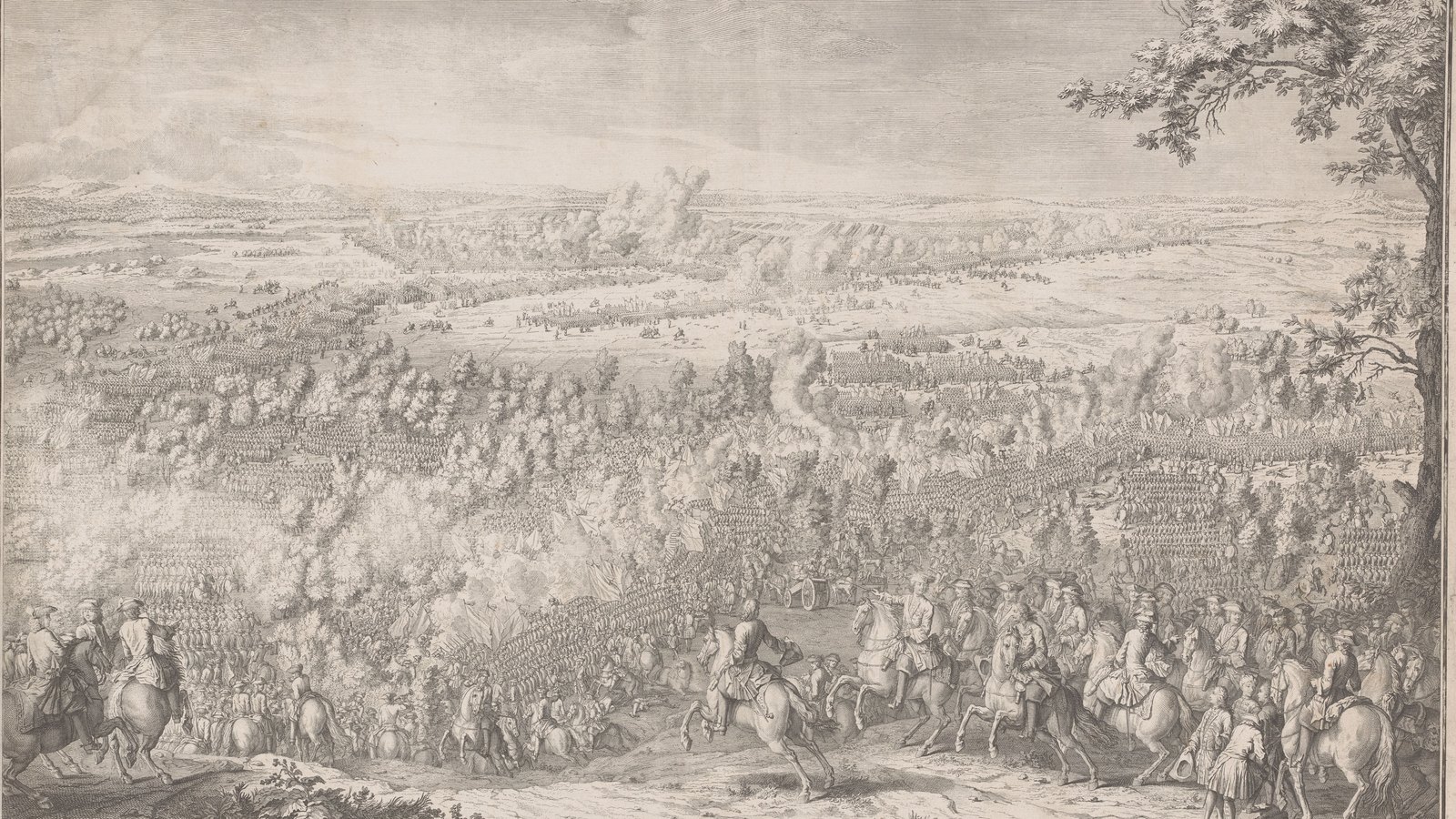 Eighteenth-century engraving of a wide wooded plain with long lines of infantry, smoke from musket and cannon fire, and a group of mounted officers on a rise in the foreground