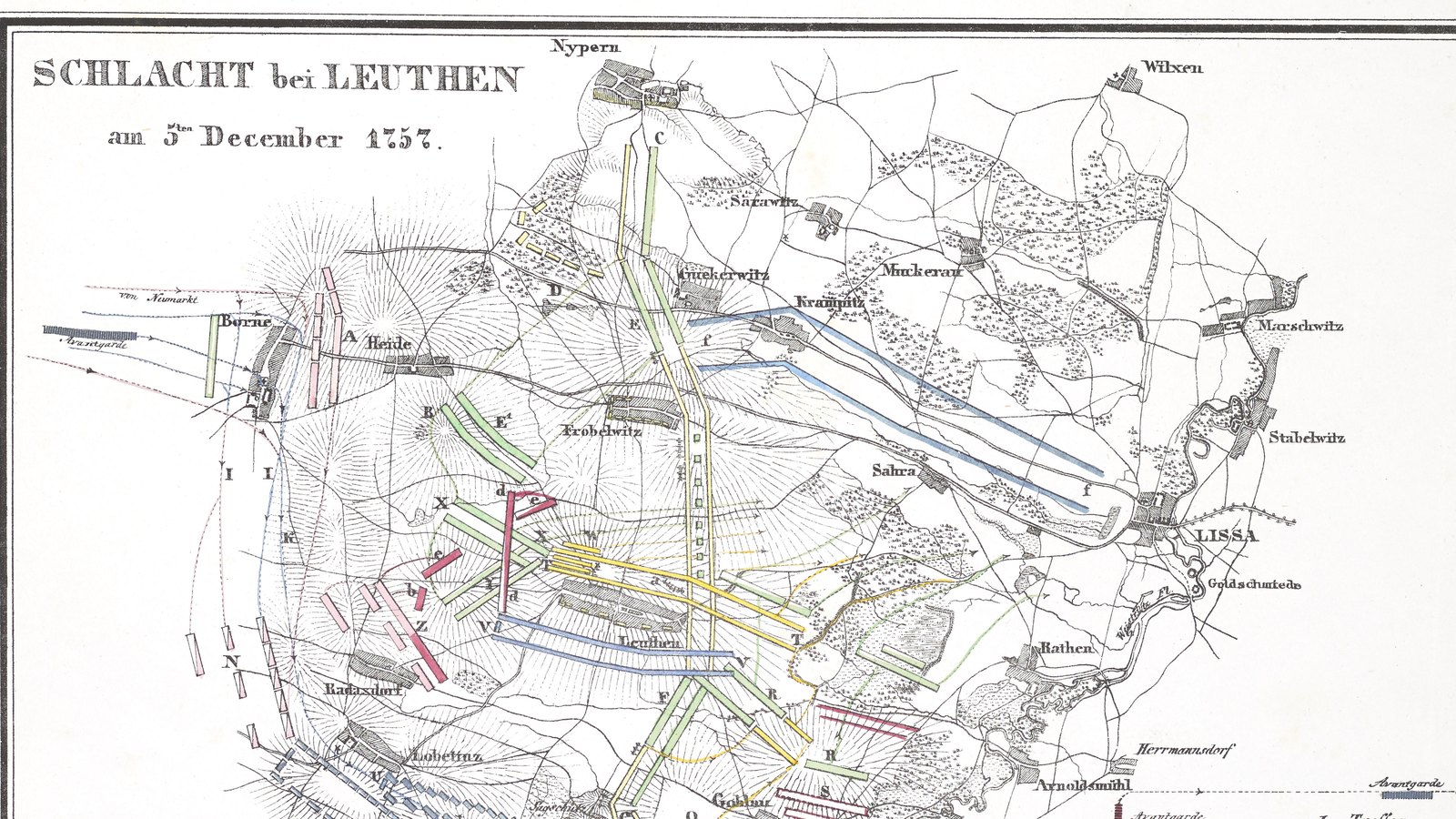 Nineteenth-century battle plan of Leuthen: villages, woods and roads in black ink, with blue and red Prussian and yellow and green Austrian troop blocks drawn across the fields between Borne, Leuthen and Lissa.