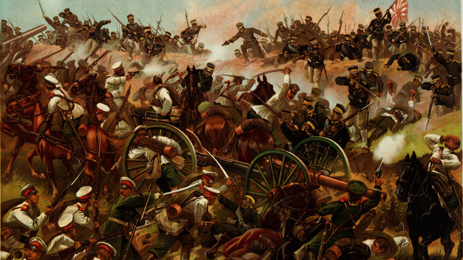 Color print of the Battle of Liaoyang: Japanese infantry with a rising sun flag charge over a ridge into Russian troops in white tunics and caps, around a field gun with green wheels, as horses fall.