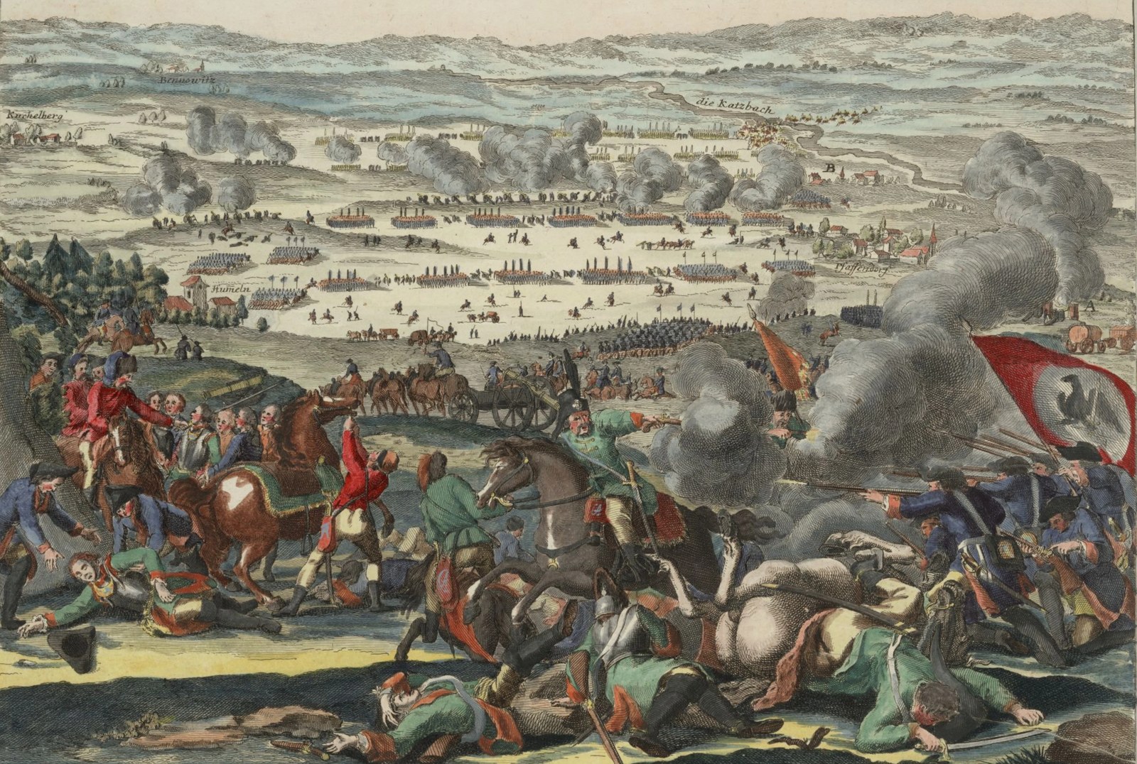 Hand-colored etching of the Battle of Liegnitz: in the foreground Prussian infantry in blue fire beside a large flag with a black eagle while Austrian horsemen in green and red fall among dead men and horses; behind them a wide plain with lines of troops, gun teams, drifting smoke, the village of Pfaffendorf and the river Katzbach