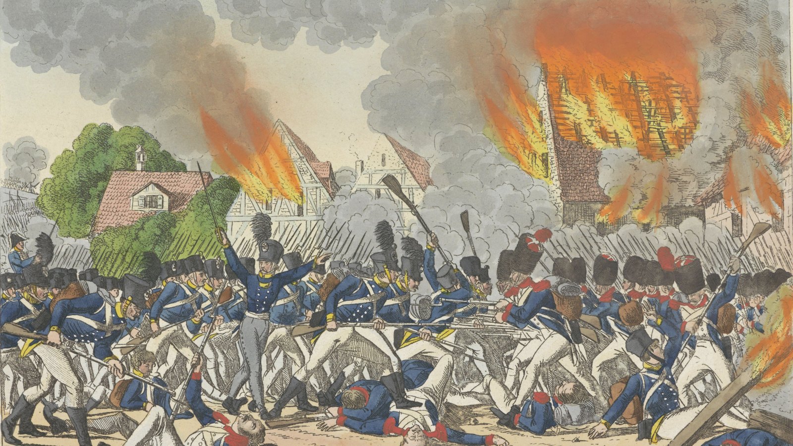 Hand-colored print of Prussian infantry in blue coats fighting French grenadiers in bearskins in a village street, houses burning behind them