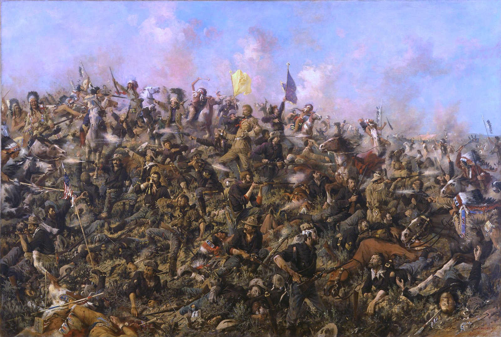 Native warriors overwhelming Custer's cavalry at the Little Bighorn, 1876