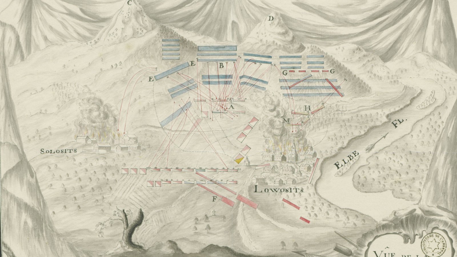 Hand-drawn bird's-eye view of the Battle of Lobositz: hills on both sides of the valley, blue and red blocks of troops facing each other, smoke rising from the burning town of Lowosits beside the Elbe.