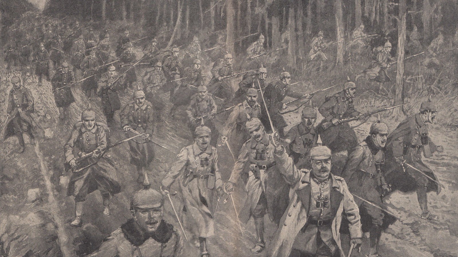 Black and white wartime drawing of German infantry in spiked helmets charging out of a pine forest with fixed bayonets, an officer in front waving them on.